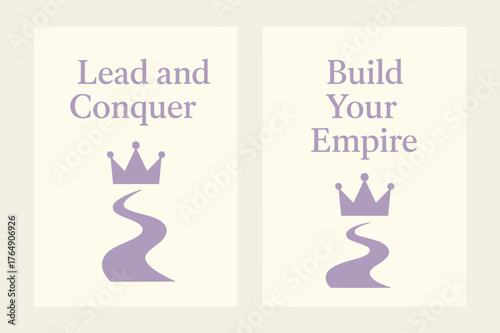 Lead and Conquer Banners. Lead and conquer. Two vertical A6 banners with safe margins, centered composition, no elements touching edges, minimal, lavender and