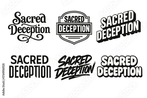 Creative Lettering Grid. Sacred Deception. Set lettering. harmonious lettering variations of the same emblematic concept (Whimsical curly type with flourishes,
