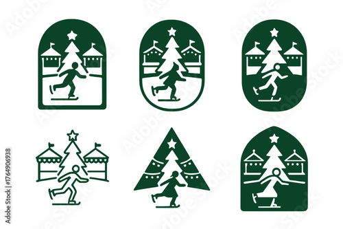 Festive Market Logos. Christmas market and festive decorations. Set Logo of Christmas market and festive decorations: an ice-skating rink with market stalls in