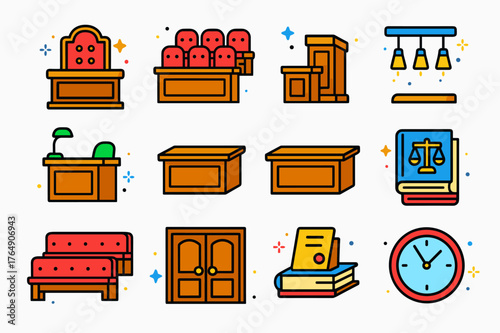 Courtroom Isometric Icons. Courtroom interior. Colorful isometric vector icons set of Courtroom interior: judge?s chair, jury box seats, witness stand,