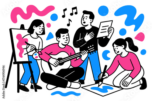 Creative Expression Gathering. Life Through Artistic Expressions. Group of friends engaging in art, music, and poetry with floating abstract shapes, colorful