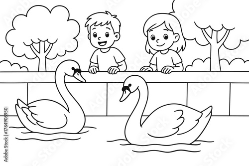 Swans by Walkway. Swans on the embankment children?s coloring book illustration, outlined drawing, graceful swans near the edge of a walkway with kids watching