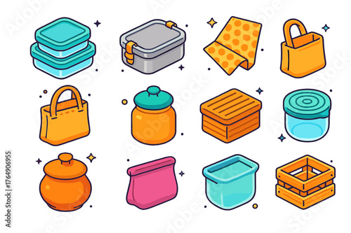 Eco Storage Icons. Eco-friendly storage. Colorful isometric vector icons set of eco-friendly storage: glass containers, stainless steel lunchbox, beeswax wrap,