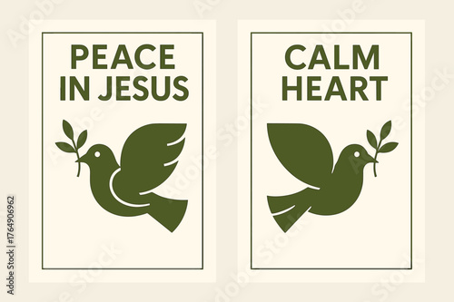 Peaceful Dove Banners. Peace of Christ. Two vertical A6 banners with safe margins, centered composition, no elements touching edges, geometric, olive green and