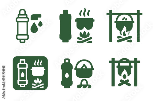 Wilderness Skills Logos. Survival and wilderness skills tourism. Set Logo of Survival and wilderness skills tourism: Water purification (portable filter &