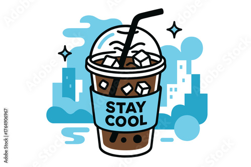 Iced Coffee Vibe. Iced Coffee To-Go. A straw swirls through cube-studded coffee; sleeve reads ?Stay Cool.? Vapor-waves recede as the city shimmers in soft