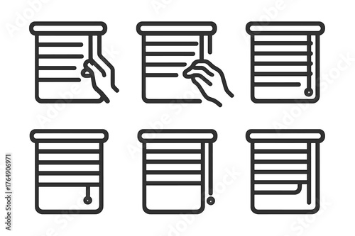 Window Blinds Icons. Closing the Curtains or Blinds. Set Logo of Window Blinds: Minimal outline, Negative space, Flat solid, Symmetrical form, Stylized detail,
