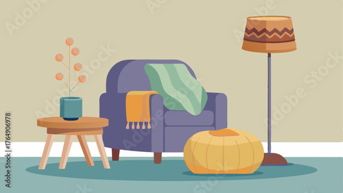 A cozy corner with a plush ottoman a woven basket filled with blankets and a floor lamp with a neutral shade.