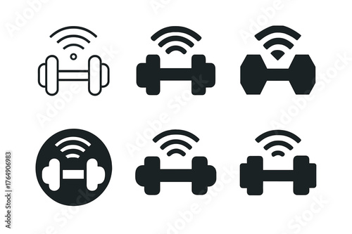 Smart Dumbbell Logos. Smart home fitness equipment. Set Logo of Smart home fitness equipment: connected dumbbell emitting Wi-Fi waves. Icon set. harmonious