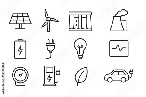 Clean Energy Icons. Clean energy. Line icon set of clean energy: solar panel, wind turbine, hydro dam, geothermal plant, battery, plug, light bulb, inverter,