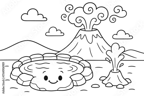 Geysers and Volcano Fun. Hot springs and geysers children?s coloring book illustration, outlined drawing, a smiling hot spring pool and a tiny geyser beside a