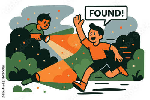 Dusk Flashlight Hunt. Flashlight Seek at Dusk. Cones of light sweep between hedges as firefly dots drift. A crisp tag reads ?Found!? near a raised hand and