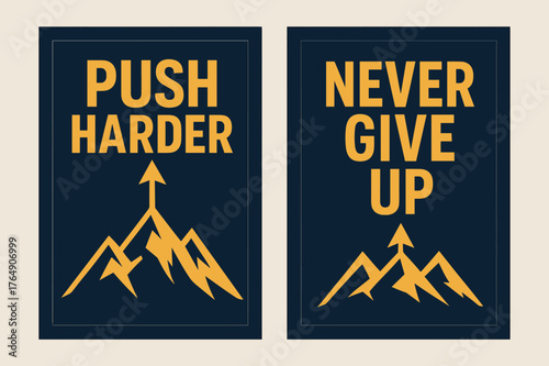 Motivational Banners. Push harder. Two vertical A6 banners with safe margins, centered composition, no elements touching edges, bold, navy and gold, objects