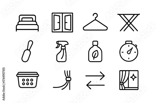 Housekeeping Icon Set. Housekeeping Airing. Line icon set of Housekeeping Airing: airing bedding, window open, clothes on hanger, drying rack, lint brush,