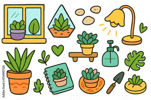 Colorful Succulent Doodles. Indoor succulents. Colorful Hand-drawn doodle Children illustration Indoor succulents windowsill, terrarium, aloe pot, small