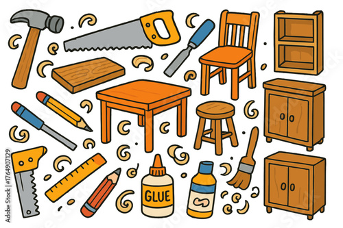 Colorful Woodworking Tools. wooden craftsmanship. Colorful Hand-drawn doodle Children illustration wooden craftsmanship hammer, saw, chisel, wood plank, wooden