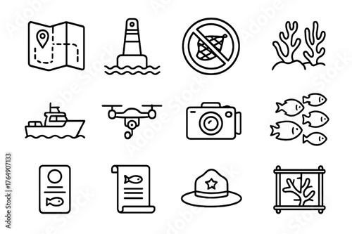 Marine Protection Icons. Marine Protected Areas. Line icon set of Marine Protected Areas: protected zone map, boundary buoy, no trawl sign, reef icon, patrol
