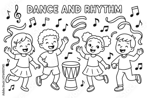 Dancing Kids Coloring Page. Dance and rhythm children?s coloring book illustration, outlined drawing, a group of smiling children dancing with music notes,