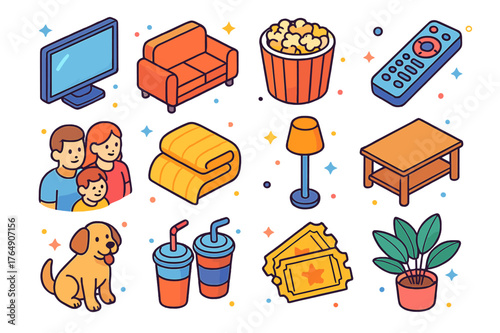 Family Movie Night. Family movie night. Colorful isometric vector icons set of family movie night: TV, sofa, popcorn bowl, remote control, family members,
