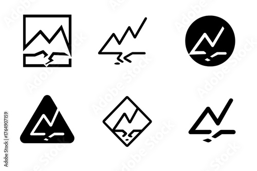 Volatility Logo Variations. Market volatility risk. Set Logo of Market volatility risk: zigzag graph breaking support. harmonious logo variations of the same