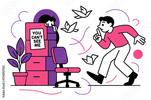 Office Hide and Seek. Office Hide and Peek. Rolling chair, tall plant, and box towers create hiding nooks; a sticky note reads ?You can?t see me.? The seeker