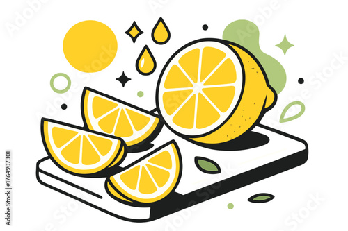 Abstract Lemon Artistry. Sliced Lemon. Lemon wedges arranged on a cutting board with floating abstract geometric juice drops and soft glowing accents, fresh