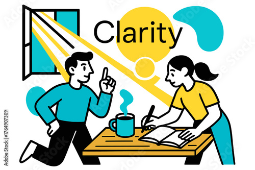 Clarity and Focus. Focus and Energy. Rays stream through a window onto a desk with coffee and notebook; the word ?Clarity? floats in thin type above a glowing