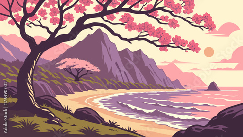 Sunset view over mountains and forest with misty hills and colorful sky