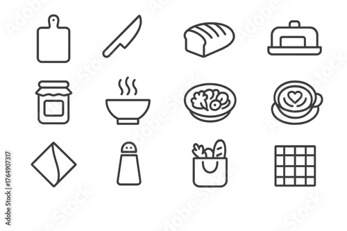 Food Icon Set. Food Moments. Line icon set of Food Moments: cutting board, knife, fresh bread, butter dish, jam jar, steaming bowl, salad plate, latte art,