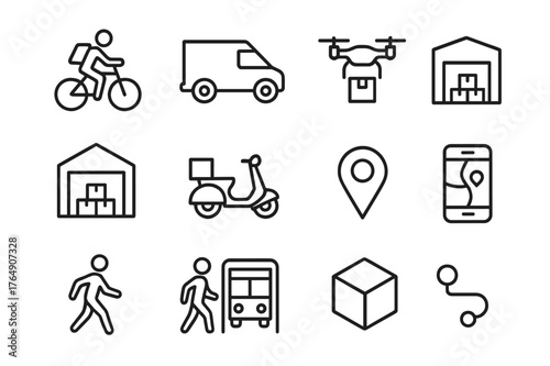 Courier Service Icons. Courier services. Line icon set of courier services: bicycle courier, delivery van, drone, package, warehouse, scooter, map marker,