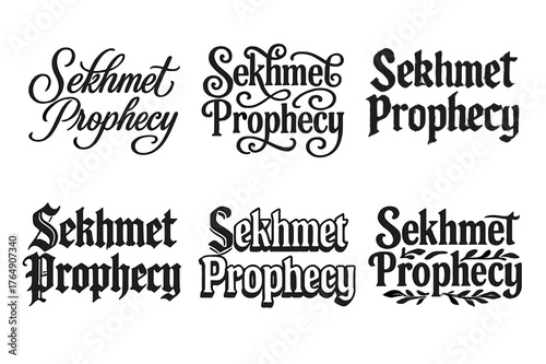 Sekhmet Lettering Variations. Sekhmet Prophecy. Set lettering. harmonious lettering variations of the same emblematic concept, each with different artistic