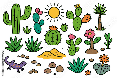 Colorful Desert Doodles. Desert flora like cacti and succulents. Colorful Hand-drawn doodle Children illustration Desert flora like cacti and succulents