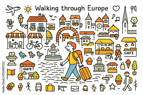 European Stroll Highlights. Walking through Europe. Hand-drawn doodle illustration person walking (colored), cobblestone street (colored), historic buildings