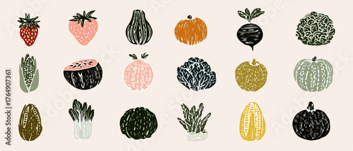 다양한 과일과 채소의 손으로 그린 벡터 일러스트레이션은 신선함과 건강한 식생활을 표현합니다.