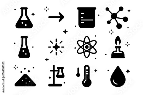 Catalyst Icon Set. Catalyst. Solid icons set of Catalyst: chemical flask, reaction arrow, beaker, molecule, test tube, spark, atom, Bunsen burner, catalyst