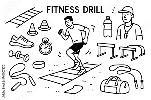 Fitness Drill Essentials. Fitness Drill. Hand-drawn doodle illustration Fitness Drill agility ladder, athlete running, cones, sneakers, stopwatch, water