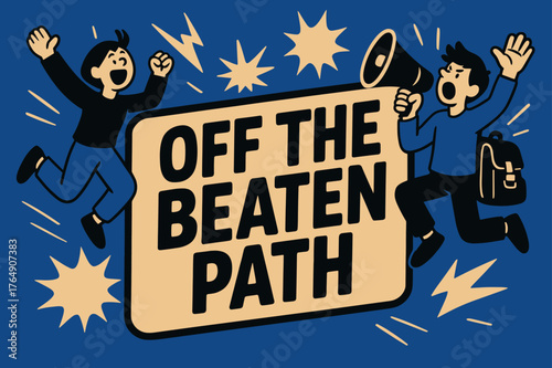 Adventure Awaits. Off the Beaten Path banner, flat vector illustration, bold oversized text inside sticker outline banner, cartoon characters jumping and