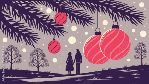 Winter night holiday landscape with Christmas tree snowflakes and birds silhouette