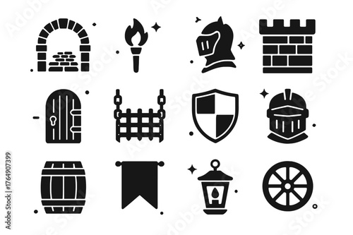 Medieval Icon Set. Medieval Pathway. Solid icons set of Medieval Pathway: stone archway, cobbled street, torch, castle wall, wooden door, chain gate, shield