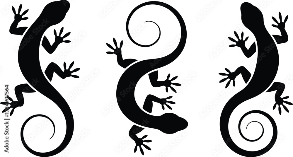 Fototapeta premium Three black lizards in silhouette illustration with curled tails pattern
