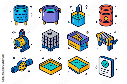 Industrial Wastewater Icons. Industrial wastewater control. Colorful isometric vector icons set of Industrial wastewater control: equalization tank,