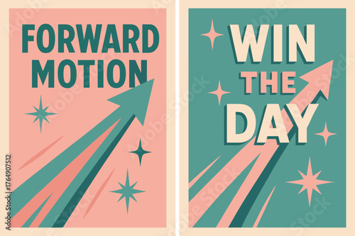 Retro Victory Banners. Forward motion. Two vertical A6 banners with safe margins, centered composition, no elements touching edges, retro, pink and teal,