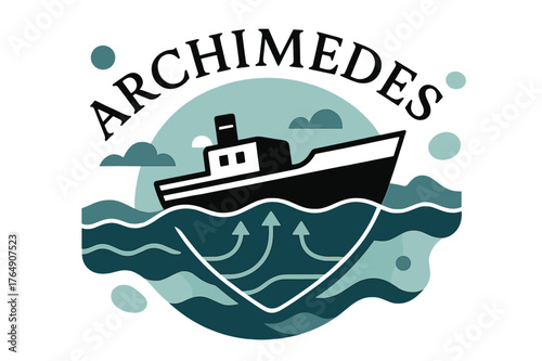 Ship Geometry at Sea. Boat Displacement at Sea. A ship hull cuts through stylized waves; volume lines beneath show buoyant displacement. Floating ?Archimedes?