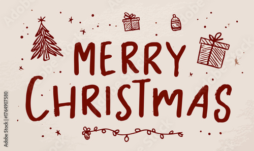 따뜻한 느낌의 크리스마스 축하 메시지가 담긴 손 그림 스타일의 벡터 일러스트레이션입니다. 선물과 장식 요소가 포함되어 있습니다.