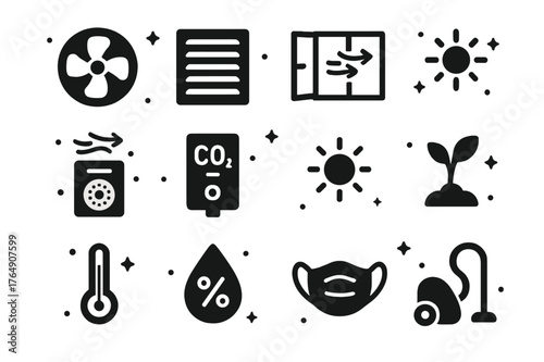Ventilation Icons Set. Ventilation & Airflow. Solid icons set of Ventilation & Airflow: fan, air vent, open window, airflow arrows, air purifier, carbon