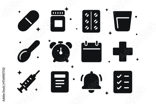 Medication Reminder Icons. Medication Reminders. Solid icons set of Medication Reminders: pill capsule, pill bottle, blister pack, water glass, dosage spoon,