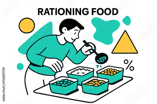 Organized Food Rationing. Rationing Food. Person filling containers with measured food portions with floating abstract geometric shapes, careful and organized