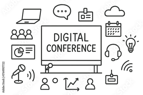 Digital Conference Doodles. Digital conference. Hand-drawn doodle illustration digital conference stage screen, microphone, laptop, audience icons,