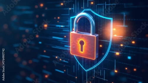 Cybersecurity Shield with Digital Lock and Data Protection Network