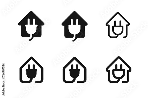 Harmonious Kitchen Logos. Replacing kitchen appliances (oven, fridge). Set Logo of kitchen power plug: harmonious logo variations of the same emblematic
